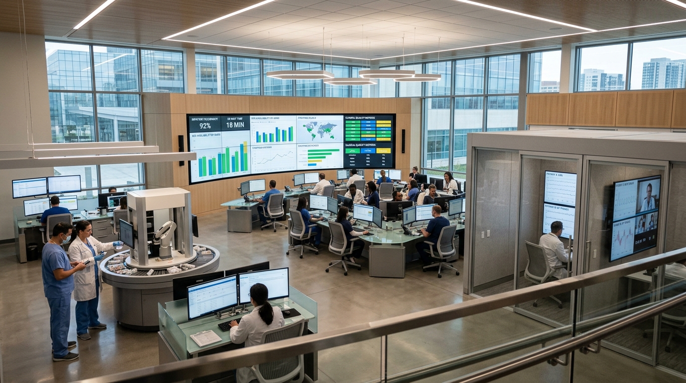 Modern hospital environment with clinicians using digital systems