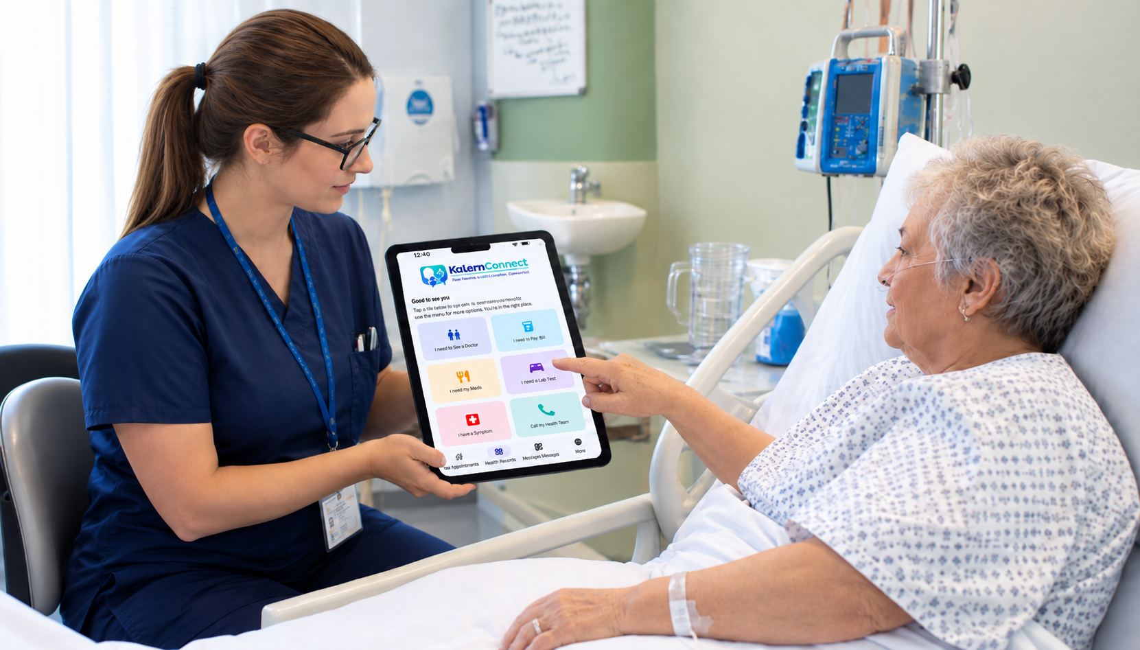 Nurse and patient reviewing care information on a tablet
