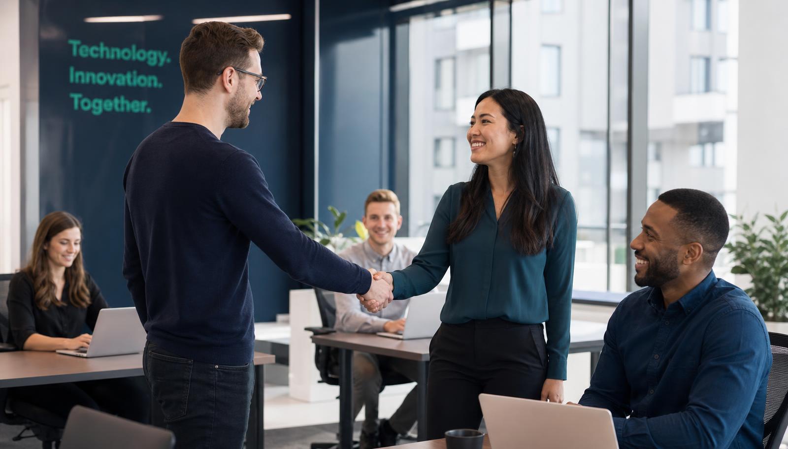 Diverse permanent technology team welcoming a new hire